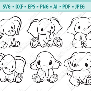 May include: Six black and white line drawings of cute cartoon baby elephants sitting with their legs crossed. Each elephant has large ears, a trunk, and a small tail.
