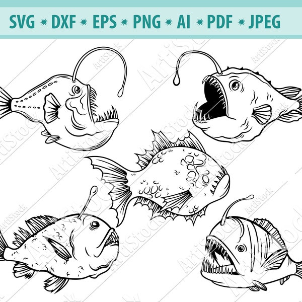 Anglerfish SVG, Deep sea fish Svg, Sea Creatures Svg, Anglerfish Clipart, Files for Cricut, Silhouette, Underwater world Svg, Dxf, Png, Eps