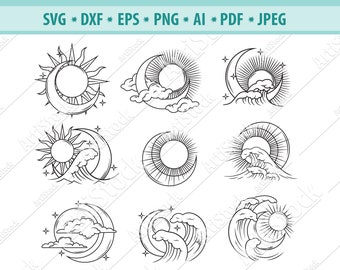 Boho Sun SVG, Ocean wave SVG, Mystical Sun Svg, Crescent moon Svg, Celestial Svg, Clouds Cut File, Nature Clipart, Sun Cut File, Png, Dxf