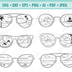 Beach sunglasses Svg, Summer vacation Svg, Palm tree Svg, Beach Svg, Sunset sunglasses Svg, Eyeglasses Svg, Sailboat Svg, Vector, Eps, Dxf