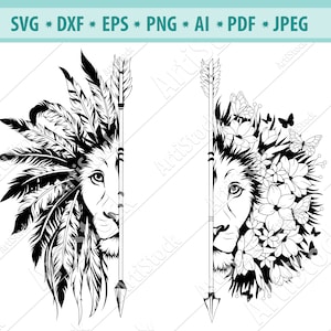 Tête de lion SVG, Lion Flower Svg, Boho Lion Svg, Wild cat Svg, Lion silhouette, Lion svg, Lion avec flèche Svg, File for cricut, Eps, Dxf, Png