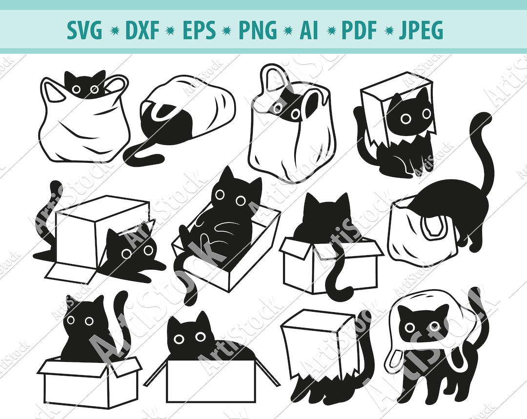 Playful Cat SVG, Black Cat Svg, Shaggy Cats Svg, Cats in a Box Svg ...