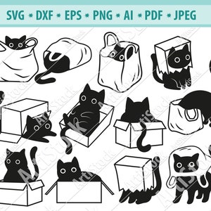 Playful cat SVG, Black cat svg, Shaggy cats svg, Cats in a box svg, File for cricut, Cats in a bag svg, Cat silhouette, Cat clipart, Png