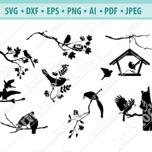 Bandada de pájaros SVG, Pájaros en las ramas Svg, Silueta de aves SVG, Gorriones en un árbol, Archivos de corte de pájaros, Bandada de pájaros clipart, Dfx-Eps-Png