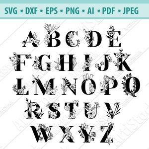 Alfabeto floral SVG, Alfabeto de ervas svg, Fonte de casamento svg, Letras florais svg, Alfabeto de flores svg, Monograma svg, Arquivo de corte de letras, Png