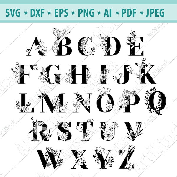 Alphabet floral SVG, Svg alphabet à base de plantes, police de mariage svg, Lettres florales svg, Fleurs Alphabet svg, Monogramme svg, Lettres coupé fichier, Png