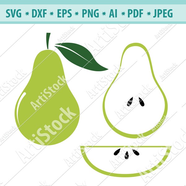 Pear Svg File, Pear slice Svg, Fruit cut file, Summer Svg, Pear Clipart, Files for cricut, Half pear Svg, Garden fruit Eps, Dxf, Png, Cricut