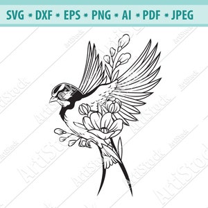 Hirondelle florale Svg, Hirondelle volante SVG, Tatouage d’oiseau, Clipart d’hirondelle, Fichier de coupe d’hirondelle, Oiseau floral SVG, Oiseaux svg, Png, Dxf