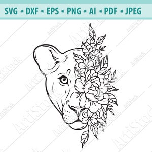 Cabeza de leona SVG, Flor de león Svg, Gato salvaje Svg, Silueta de león, Cara de leona Svg, Flor Leona Svg, Svg lima cortada, Clipart de león, Eps, Png