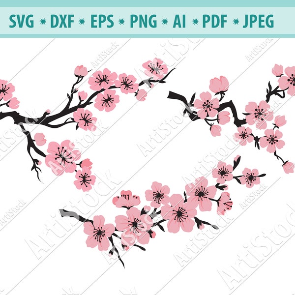 Tree Branch With Flowers, Cherry blossoms SVG, Sakura cricut, pink flowers, Japan svg, Spring Cherry Blossom and Branch SVG cut file,clipart