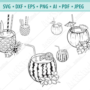 Kokosnoot cocktail Svg, Tropische cocktail SVG, Zomerdrank Svg, Strand Svg, Vakantie clipart, Tropische bloem Svg, Bestand voor cricut, Silhouet
