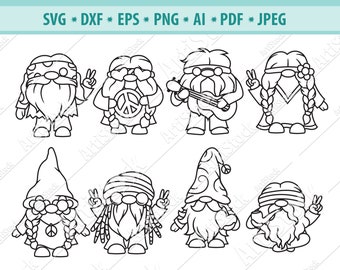 Hippie gnome Svg, Peace gnomies Svg, Cute Garden Gnome Svg, Funny Gnome Svg, Hippie Gnome Clipart, Peace Sign Svg, Silhouette, Dxf, Eps, Png