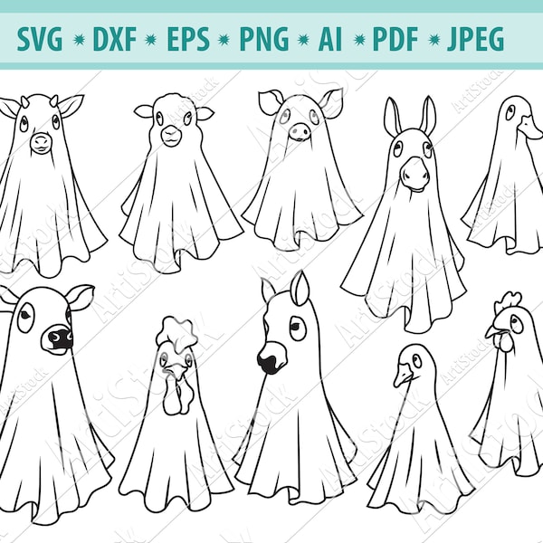 Farm ghost animal svg, Halloween pets Svg, Сute animal ghost Svg, Ghost costume Svg, Boo svg, Ghosts Svg, Ghost clipart, Silhouette, Eps