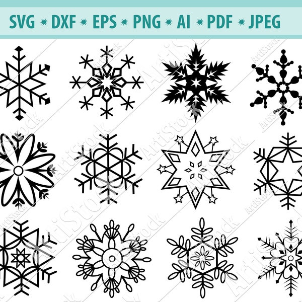 Paquete SVG copo de nieve, svg copo de nieve, imágenes prediseñadas de copo de nieve, silueta de copo de nieve y archivos de corte cricut, snowflake digital download svg, eps,png