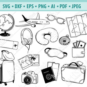 Reisdingen Svg, World Travel Clipart, Reizen Illustraties, Accessoire voor reizen PNG, Travel cut bestand Svg, Instant Download, Dxf, Jpg, Eps