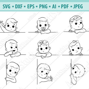 Espiando crianças Svg, Newborn Svg, Crianças Espiando o canto Svg, Gravidez Svg, Clipart de retrato de crianças, Cute Baby Svg, Rostos de bebê Svg, Eps, Dxf