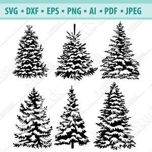 May include: Six black silhouette illustrations of snow-covered pine trees. The trees are all different shapes and sizes, and they are all facing the viewer.