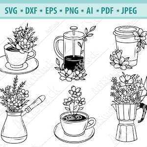 Paquete de café Svg, Tazas de café SVG, Café turco Svg, Artículo de café de flores svg, Café SVG, Amor de café svg, Taza de café floral Svg, Eps, Png