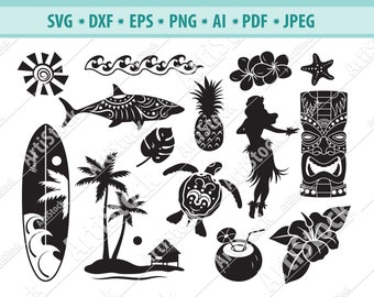 Hawaiian SVG Bundle, Hawaiian Luau clipart, Aloha Svg, Hawaiian flower svg, Beach Svg, Dxf, png, File for cricut, Silhouette cameo, Eps, Jpg