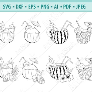 Kokosnoot cocktail Svg, Tropische cocktail SVG, Zomerdrank Svg, Strand Svg, Vakantie clipart, Tropische bloem Svg, Bestand voor cricut, Silhouet