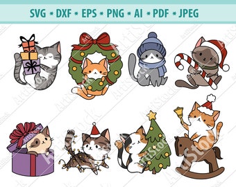 Christmas cats Svg, Funny winter cats Svg, Winter cat wreath svg, Cat Cutting files, Meowy Christmas Svg, Holiday Kitten Svg, Vector, Eps