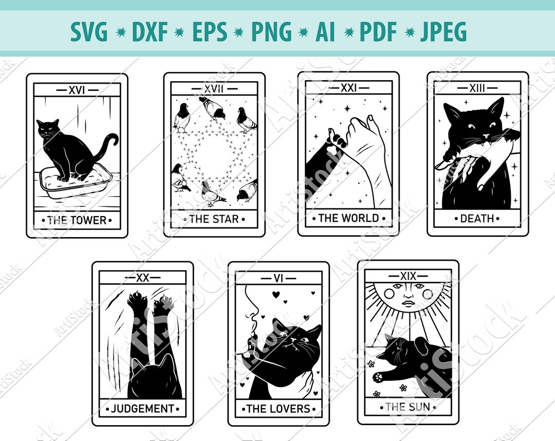 Cat Tarot Card Svg, Rider Tarot Deck SVG, Celestial Tarot Svg, Witchy
