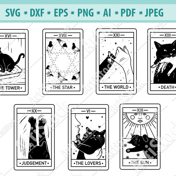 Cat Tarot Card Svg, Rider Tarot Deck SVG, Celestial Tarot Svg, Witchy Cat Svg, Witchcraft Svg, Major Arcana Svg, Vector, Eps, Dxf, Png, Pdf