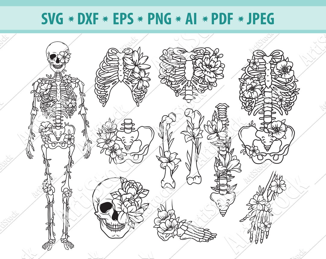 Skeleton Parts SVG, Halloween Skeleton Svg, Flower Skeleton Svg, Floral ...
