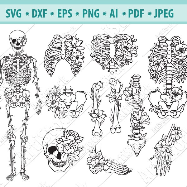 Skeleton parts SVG, Halloween skeleton svg, Flower Skeleton svg, Floral Skull Svg, Skeleton clipart, Human bones Svg, Svg cut file, jpg, dxf