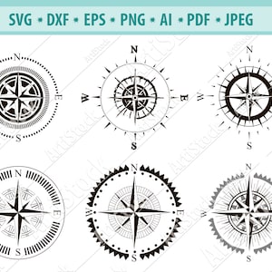 Könnte beinhalten: Satz von sechs schwarz-weißen Kompassrosen-Illustrationen. Jede Kompassrose hat ein anderes Design mit einem Stern in der Mitte und den Buchstaben N, S, E und W um den Außenrand.