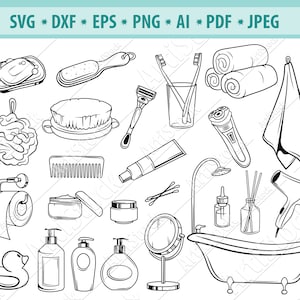 Bathroom Accessories SVG, Washroom sign Svg, Tub Svg, Bath Icons Svg, Hygiene tools Svg, Toiletries Svg, Cleaning Items Svg, Eps, Dxf, Png