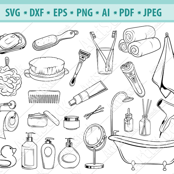 Bathroom Accessories SVG, Washroom sign Svg, Tub Svg, Bath Icons Svg, Hygiene tools Svg, Toiletries Svg, Cleaning Items Svg, Eps, Dxf, Png