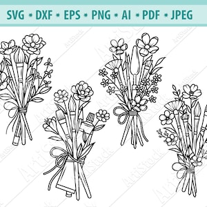 Pędzle do malowania kwiatów Svg, Materiały artystyczne Svg, Pędzle Svg, Bukiet kwiatów Svg, Kwiaty polne Svg, Pędzel kwiatowy Svg, Cricut, Eps, Dxf, Png