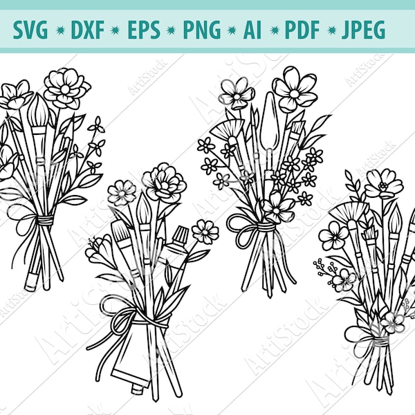 Floral paint brushes Svg, Artist Supplies Svg, Brushes Svg, Flowers bouquet Svg, Wildflowers Svg, Flower Brush Svg, Cricut, Eps, Dxf, Png