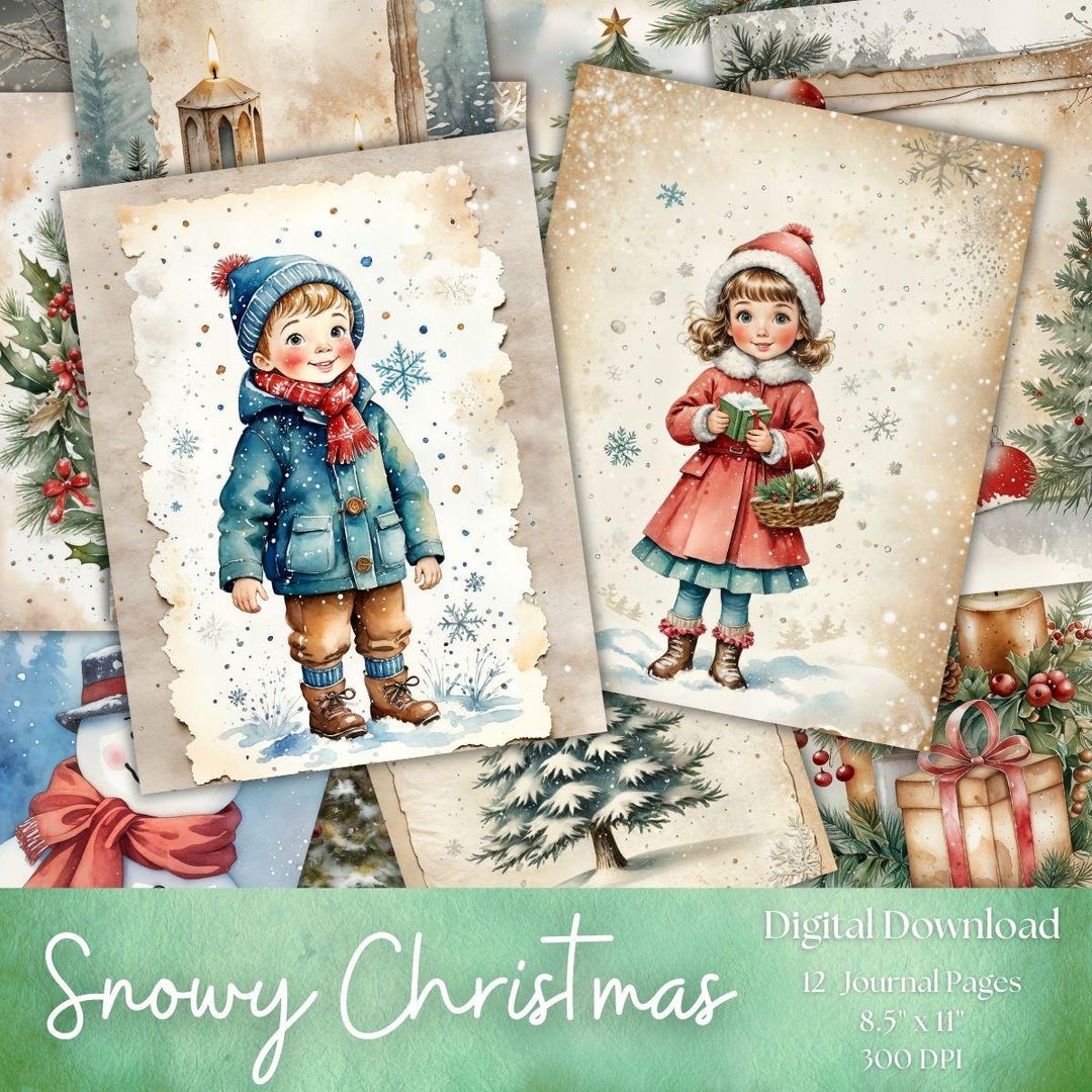 Snowy Christmas, Printable Junk Journal Pages, Digital Scrapbook Kit ...