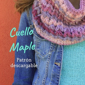 Puede incluir: Un cuello de punto de color morado y rosa con el texto "Cuello Maple Patrón descargable" y "piper y mint".