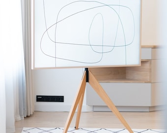 Soporte de TV trípode de madera, moderno, minimalista, ajustable, con soporte giratorio, estilo escandinavo nórdico que ahorra espacio.