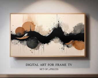 Ink Drip Black, Gold, Beige Abstract Fluid Art - Magcab Digital Art - Frame TV set of 3