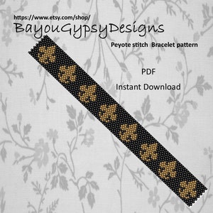 May include: A black peyote stitch bracelet pattern with gold-colored floral designs. The image includes the text "Bayou Gypsy Designs" and "Bracelet pattern". The pattern is available as an instant PDF download.