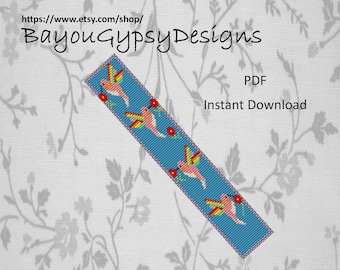 May include: A beaded pattern for a bracelet featuring a repeating design of colorful hummingbirds on a blue background. The pattern is available as an instant PDF download.  PDF Instant Download.