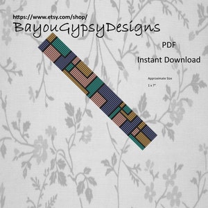 May include: A colorful beaded bracelet pattern in shades of teal, pink, purple, and gold. The pattern is a geometric design with squares and rectangles. The image includes the text "Bayou Gypsy Designs" and "PDF Instant Download".