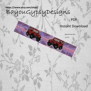 May include: A beaded pattern featuring two red jeeps with black tires on a background of purple, pink, and blue beads. The pattern is approximately 1 x 6.5 inches. Text includes "PDF Instant Download" and the shop name.