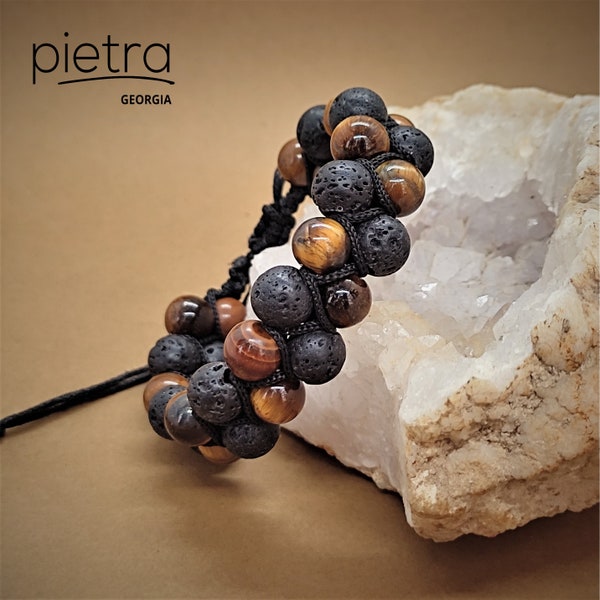 Bracelet double rangée de pierre de lave et d’œil de tigre, pour hommes, pour femmes, cadeau Shamballa pour lui pour elle, bracelet de pierres précieuses réglable