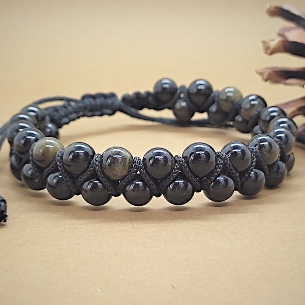 Natural Golden Sheen Obsidian Double Row Bracelet, for Men, for Women, Shamballa Gift for Him for Her, Adjustable Gemstone Bracelet