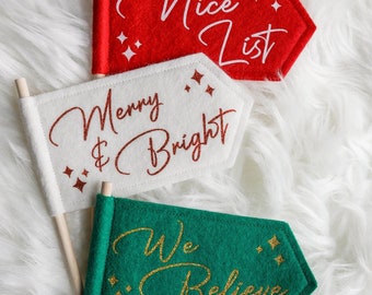 Choice of Christmas Glitter Flags. Custom Festive Tree Decorations. Nice List Present Toppers