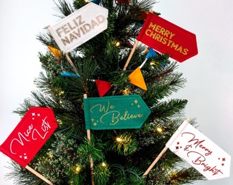 Glittery Christmas Flags. Custom Festive Tree Decorations. Nice List Present Toppers