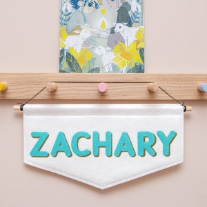 Custom Name Banner 6 To 9 Letters. Personalised Felt Nursery Flag. Kids Room Wall Hanging.