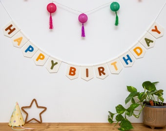 Happy Birthday Bunting. Personalised Celebration Bunting. Colourful Childrens Decor Party Garland. Rainbow, Pastel, Jungle, Neutral