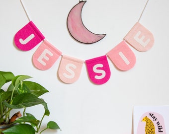 Personalised Name Felt Bunting. Custom Nursery Garland Decor. Rainbow, Pastel, Jungle, Neutral Colours