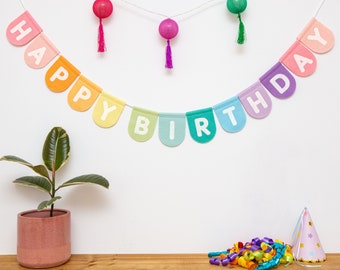 Happy Birthday Bunting. Personalised Celebration Bunting. Colourful Childrens Decor Party Garland. Rainbow, Pastel, Jungle, Neutral